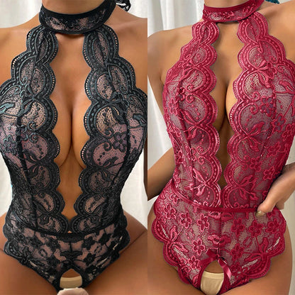 Sexy Lingerie One Piece Bodysuit Women Push Up Bra Set Lace Bow Backless Open Crotch Nightgown Transparent Underwear Sets